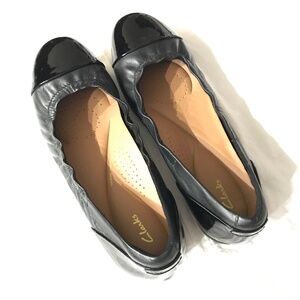 Clarks Leather Rena Jazz Flat Shoes Black Women's Size 8.5 W Contour Cushion